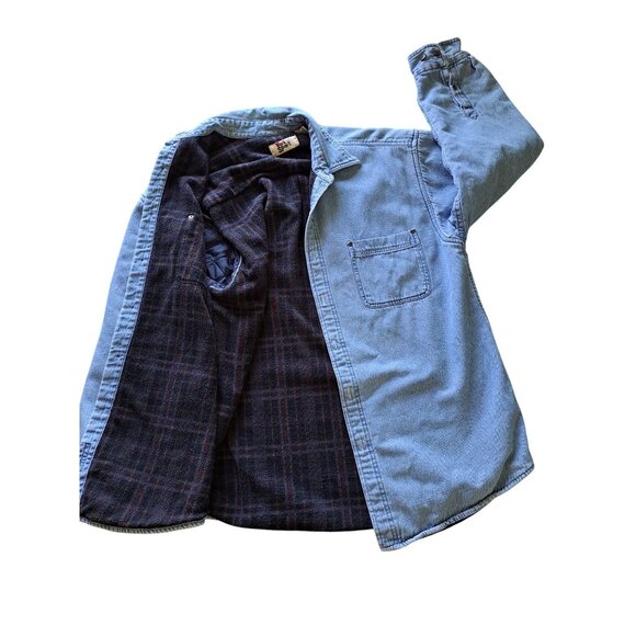 Vtg Mens Workn Sport Denim Shirt Jacket Large Blue Plaid Fleece Lined Button - Picture 1 of 8